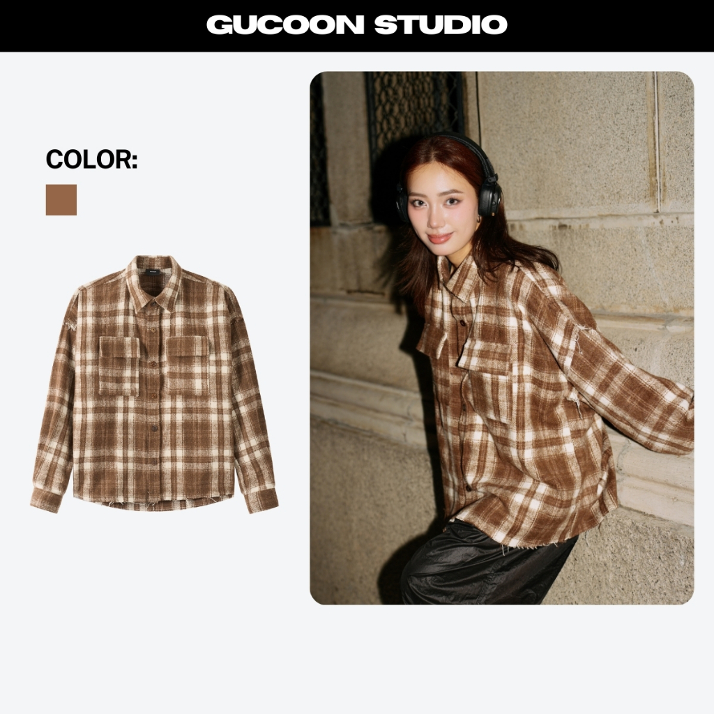 Áo Sơ Mi Flannel GUCOON Unisex, Áo Sơ Mi Nam Nữ Tay Dài Form Rộng Hoạ Tiết Oversize Flannel Nâu Vàng