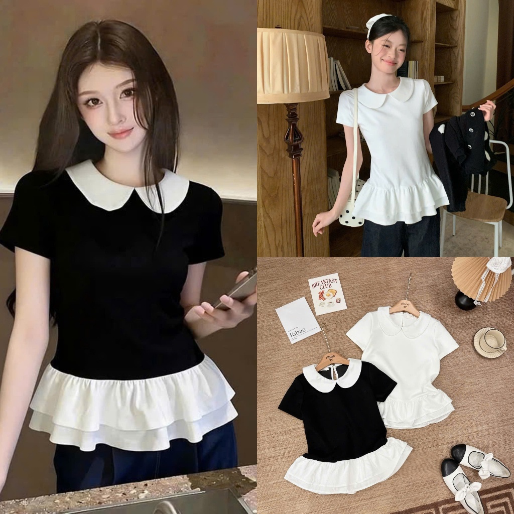 (Hàng Shop): Áo Thun Cổ Sen Mini Top Tay Cộc Mix Bèo Xoè Co Giãn 2 Màu Mix Đồ Siêu Hợp-Ảnh Thật Loll