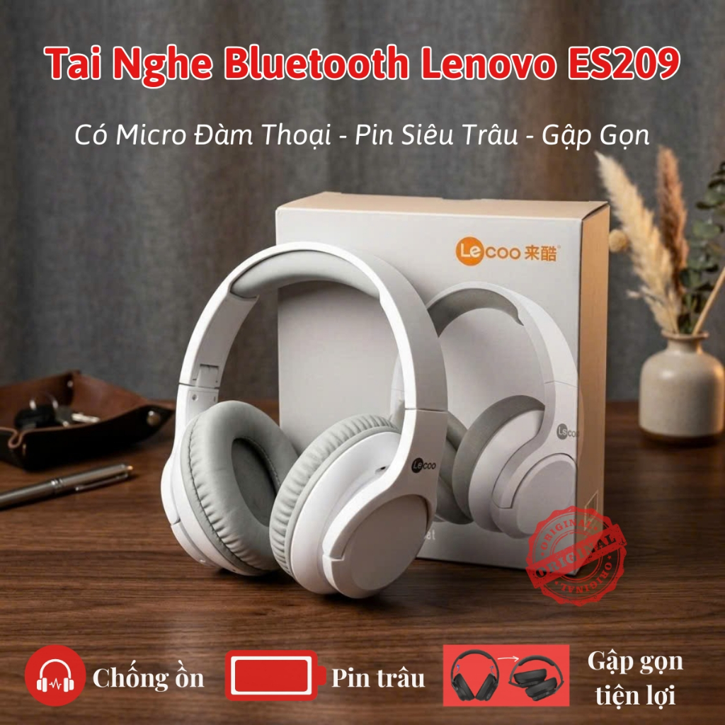 Tai Nghe Chụp Tai Bluetooth Lenovo ES209 Có Mic Đàm Thoại, Pin Lâu, Gập Gọn, Kết Nối Jack 3.5