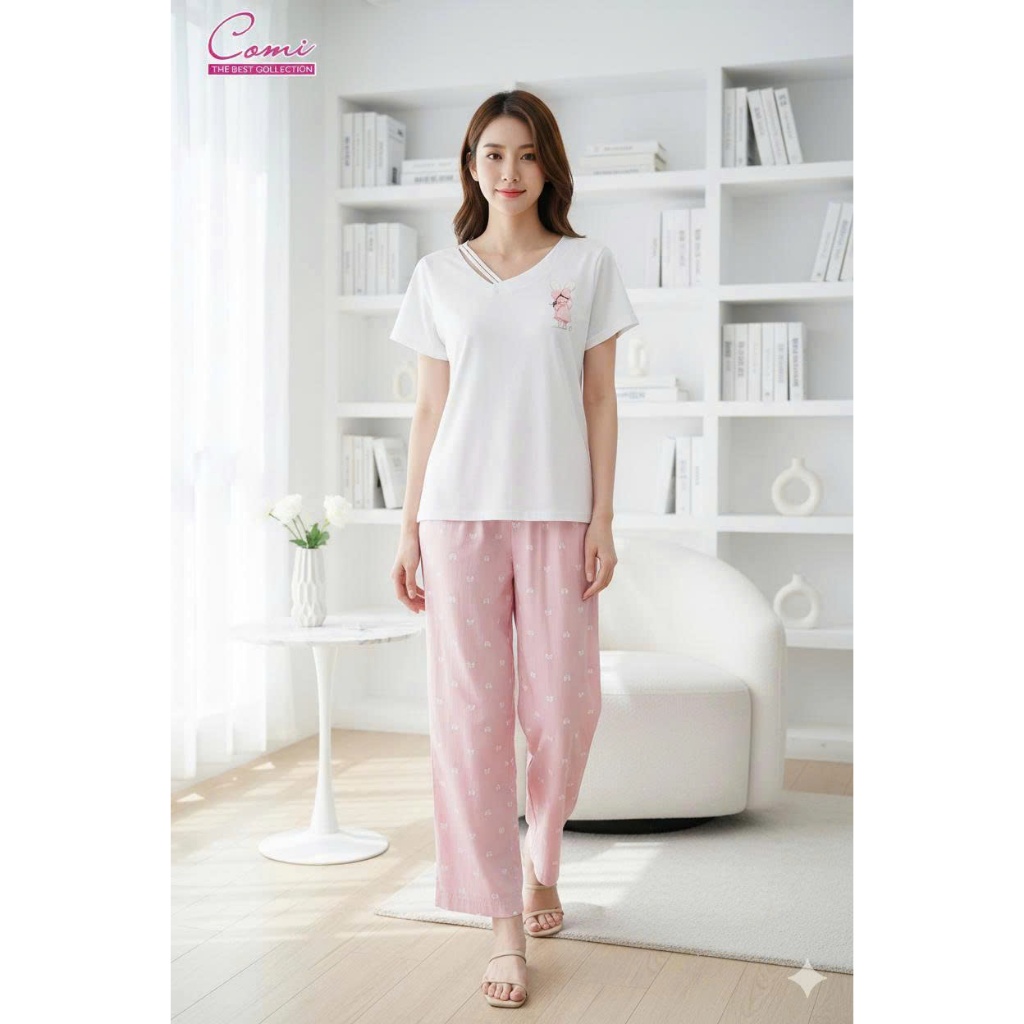 Bộ dài nữ thun phối tay ngắn CMT08 Comi Homewear, áo chất thun phối quần chất gió dù