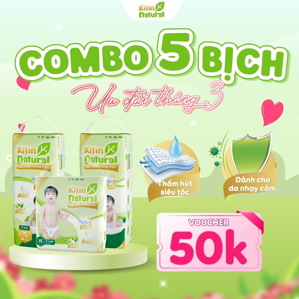Combo 5 bịch Tã/Bỉm quần Kitin Natural size M44/L40/XL38/XXL36/XXXL34