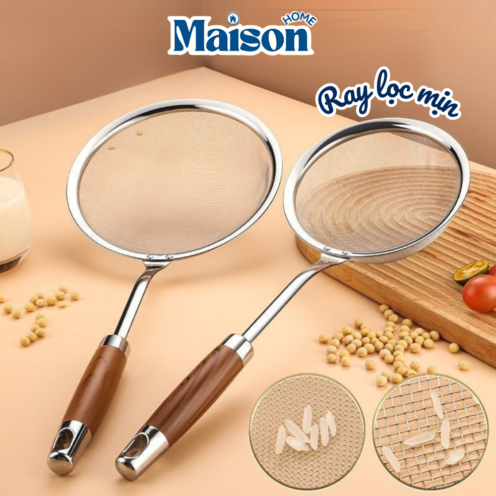 Ray Lọc Siêu Mịn Inox 304 Cán Gỗ Cao Cấp, Rây Lọc Bột Sữa Đậu Nành Lọc Dầu Ăn Vớt Đồ Chiên Đa Năng