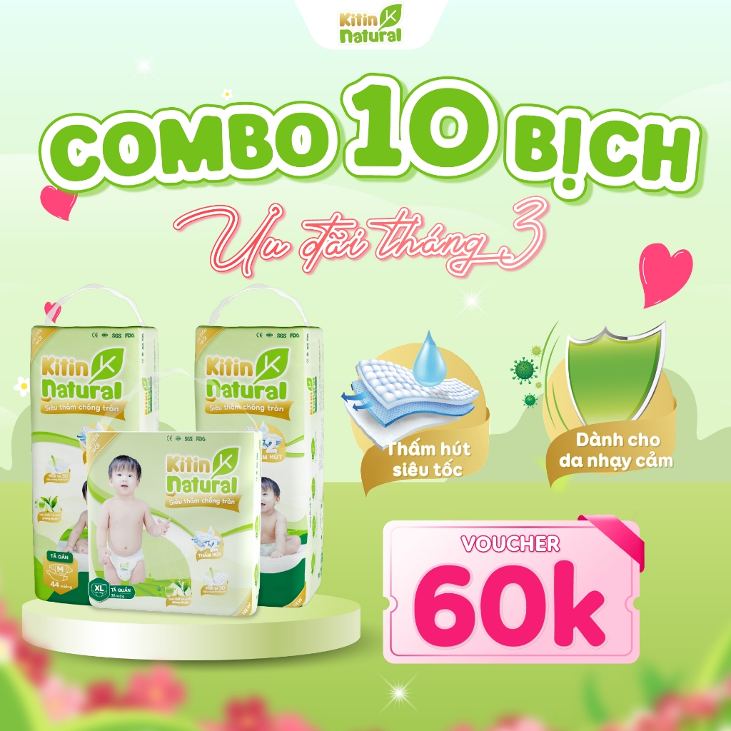 Combo 10 bịch Tã/Bỉm Kitin Natural dán Kitin Natural size NB56/S50/M44/L40