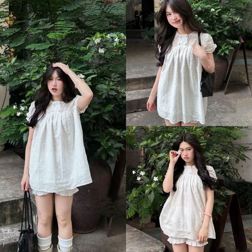 (Set Xinh Đi Chơi): Set Thô Boi Trắng Áo Cổ Sen Cúc Bọc Hoạ Tiết Cúc Mini Phối Quần Bí Cạp Chun-Ảnh 