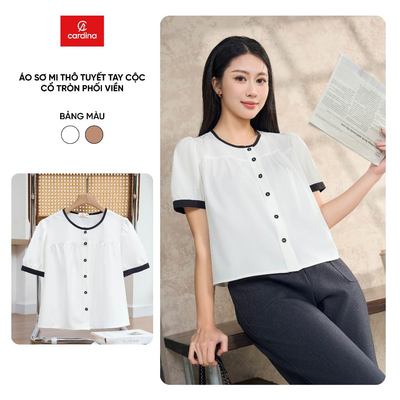 Áo sơ mi nữ CARDINA chất thô tuyết tay cộc cổ tròn phối viền 6ASC04