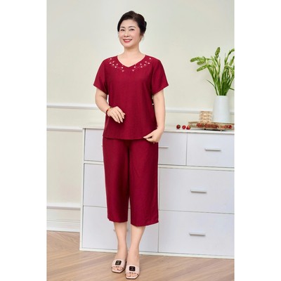 Đồ bộ mặc nhà trung niên nữ áo cộc quần ngố linen mềm mại SUNFLY SP2260