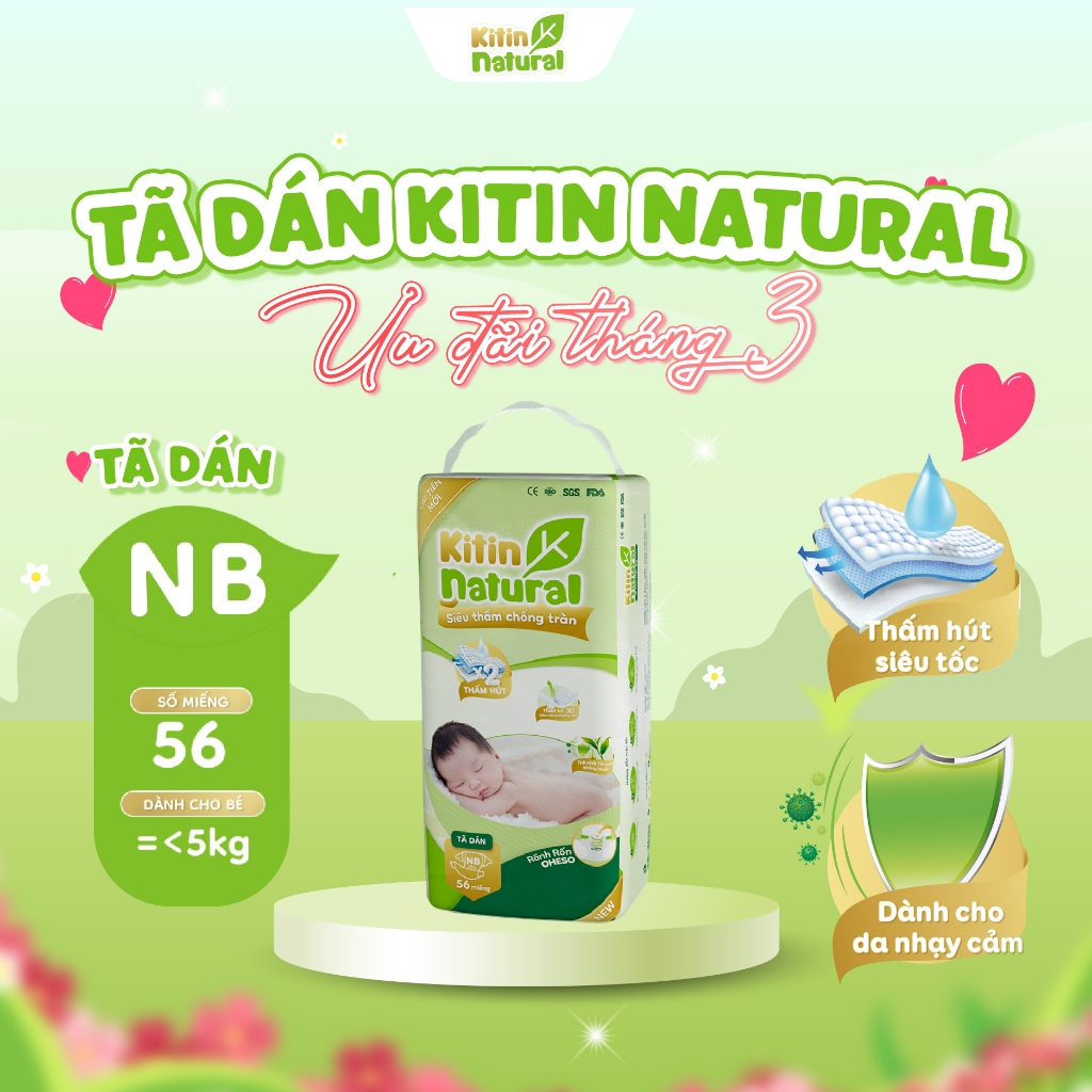 Tã/Bỉm Dán Sơ Sinh Kitin Natural Size NewBorn Siêu Mềm Mịn, Mỏng Thoáng, Thấm Hút Tốt An Toàn Bỉm Ch