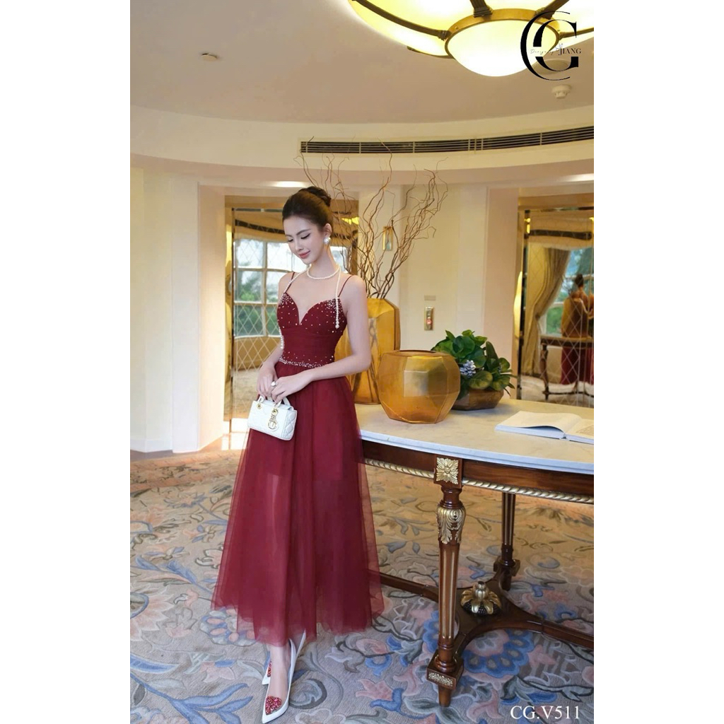 Đầm 2S Đỏ Đô 𝐋𝐮𝐧𝐚𝐂𝐥𝐚𝐬𝐬𝐲 Đầm Voan Đính Đá Tỉ Mỉ CG5649FR