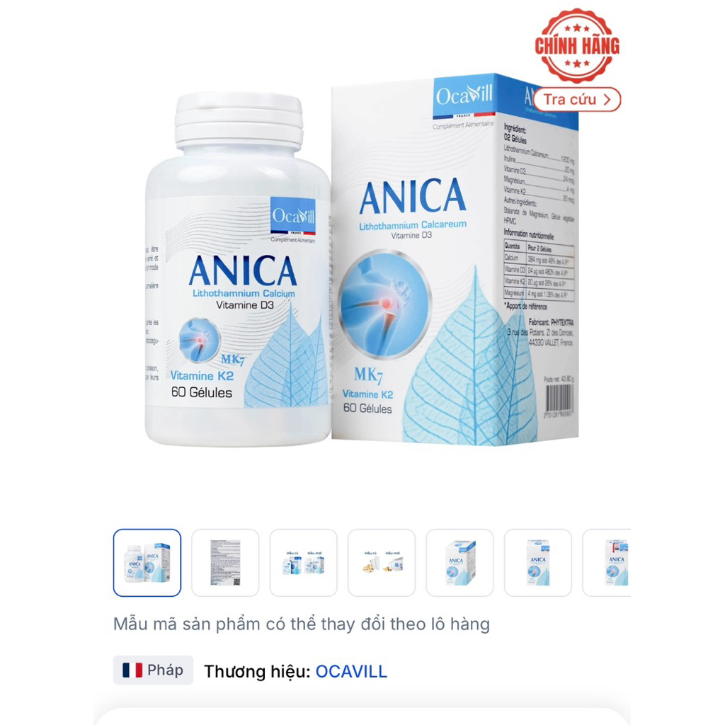 Viên uống bổ sung Canxi và Vitamin D3, K2, giúp xương răng chắc khỏe Anica Ocavill (60 viên)