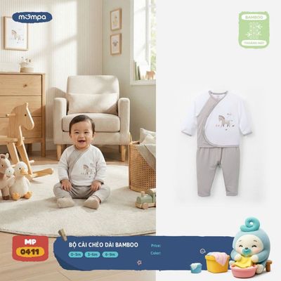 Bộ dài tay cho bé sơ sinh Mompa 0-9 tháng vải Sợi tre Bamboo mềm mại co giãn cúc chéo MP 0411