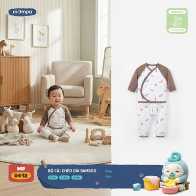 Bộ dài tay cho bé sơ sinh Mompa 0-9 tháng vải Sợi tre Bamboo mềm mại co giãn cúc chéo MP 0412