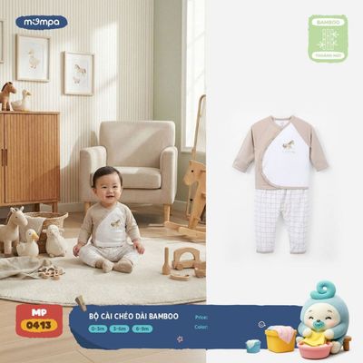 Bộ dài tay cho bé sơ sinh Mompa 0-9 tháng vải Sợi tre Bamboo mềm mại co giãn cúc chéo MP 0413