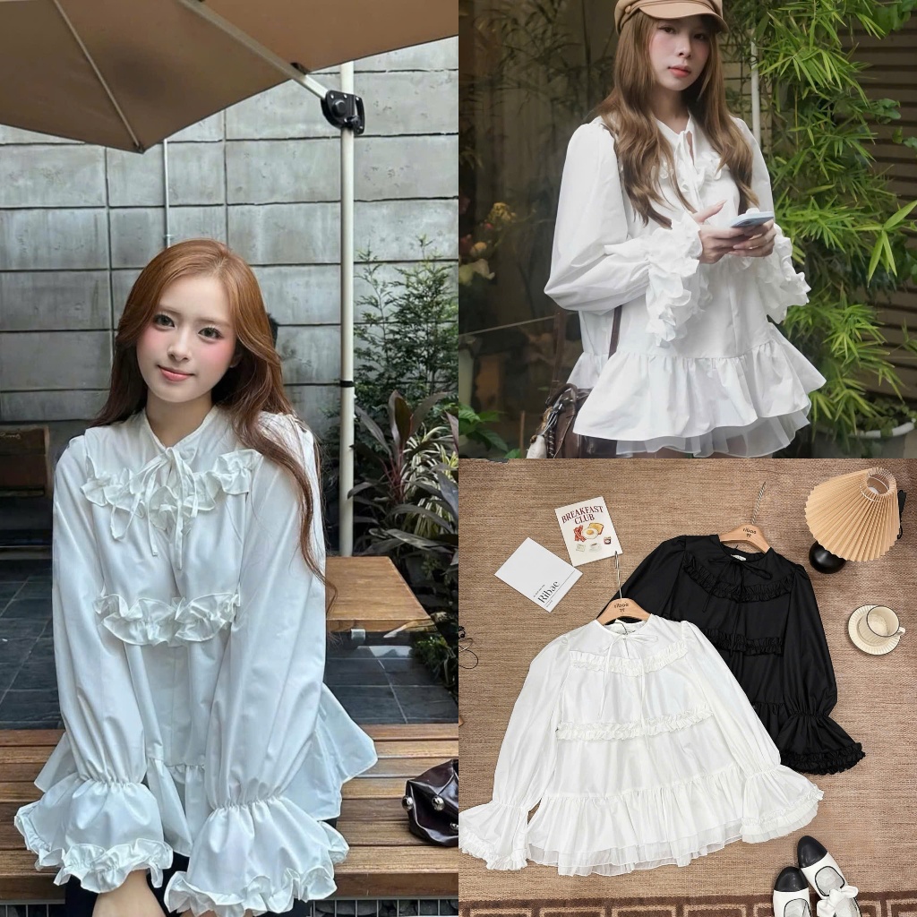 (Hot Trend): Áo BBD Tơ Gấu Phối Bèo Cổ Dây Buộc Nơ Tay Loa Chunn 2 Màu-Ảnh Thật Lollaye