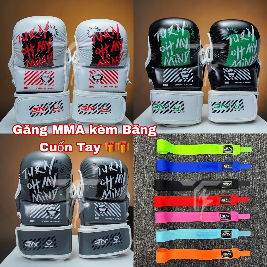 [ COMBO Găng MMA + Băng Cuốn Tay 5M ] Găng MMA BN Sparing Hở Ngón Chính Hãng Cao Câp ( Kèm Túi Đựng 