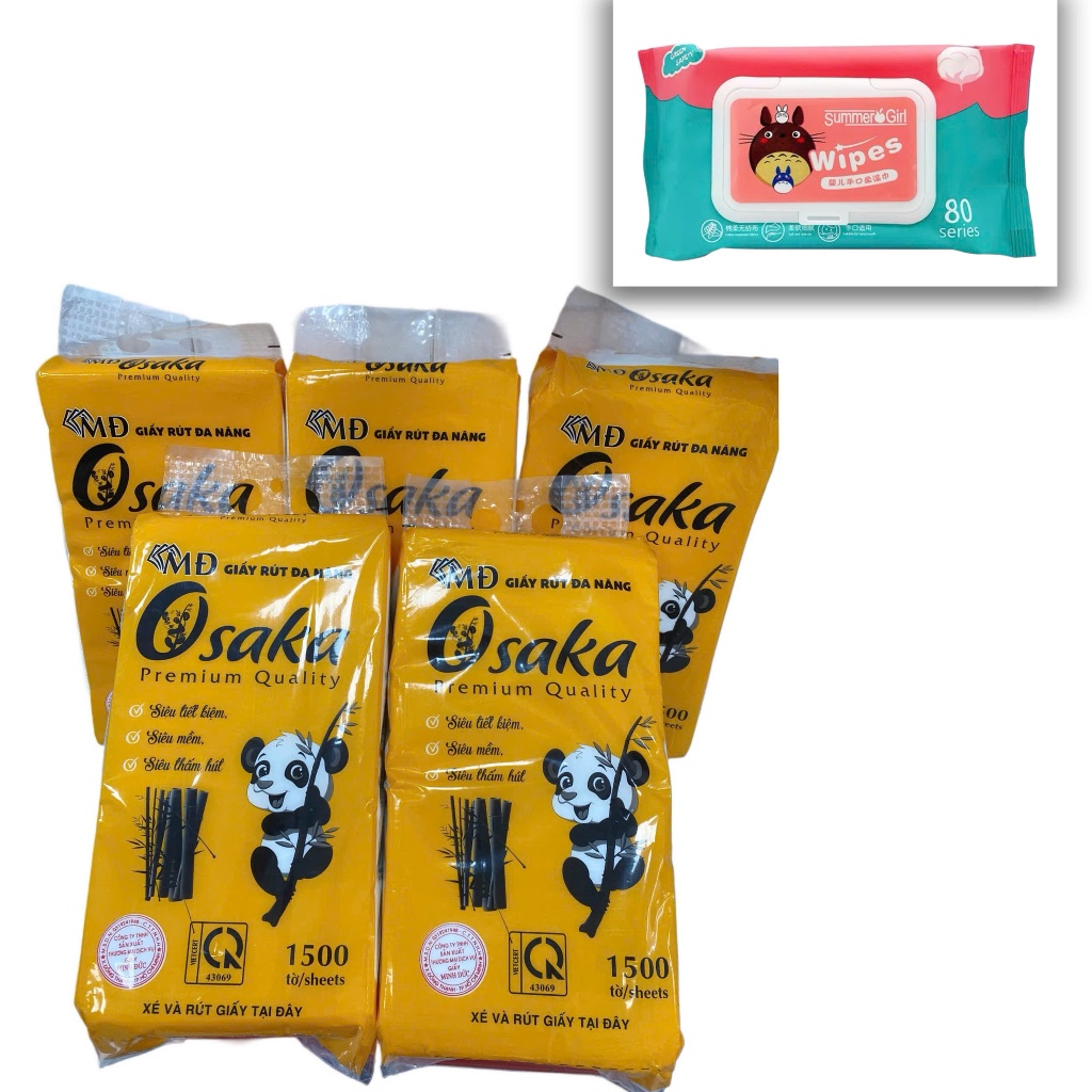 (QUÀ TẶNG) Giấy khô dạng rút đáy OSAKA 1500 tờ tặng bịch khăn ướt WIPES