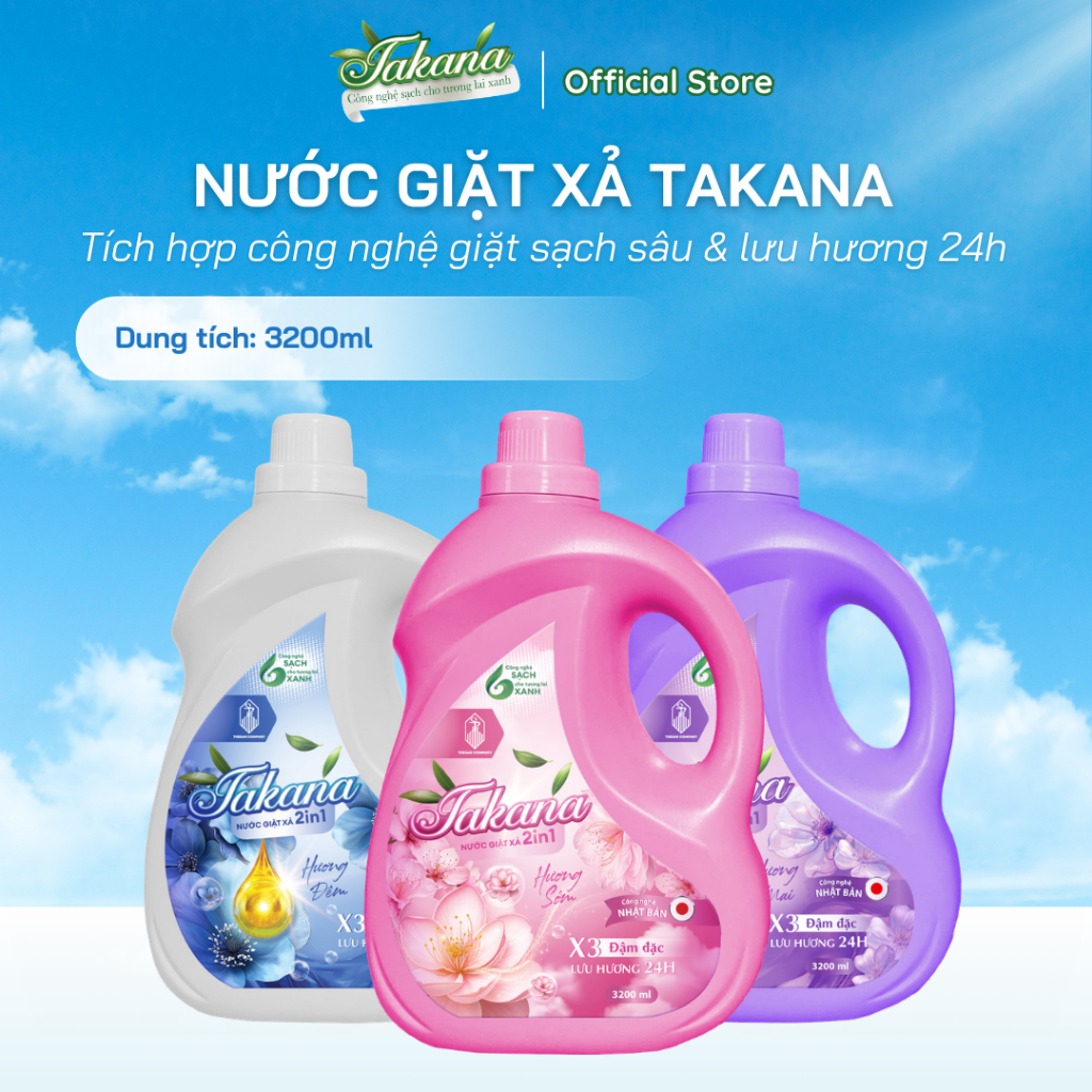 Nước Giặt Xả Takana 2in1 Can 3.2L - Đậm Đặc X3, Giặt Sạch Sâu, Lưu Hương Lâu