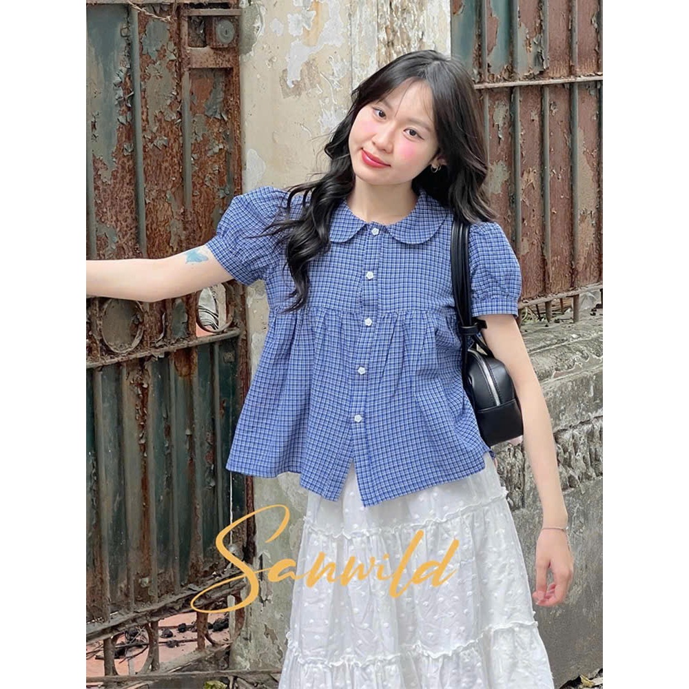 Áo Babydoll Kẻ Caro Nhỏ Cổ Sen Tay Bồng Chất Thô Cotton, Áo Sơ Mi Nữ Kiểu Dễ Thương [ Dead Mở Bán Giá Tri Ân ] | BigBuy360 - bigbuy360.vn