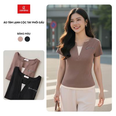 Áo thun nữ CARDINA chất tăm lạnh cộc tay phối gấu 6AFC02