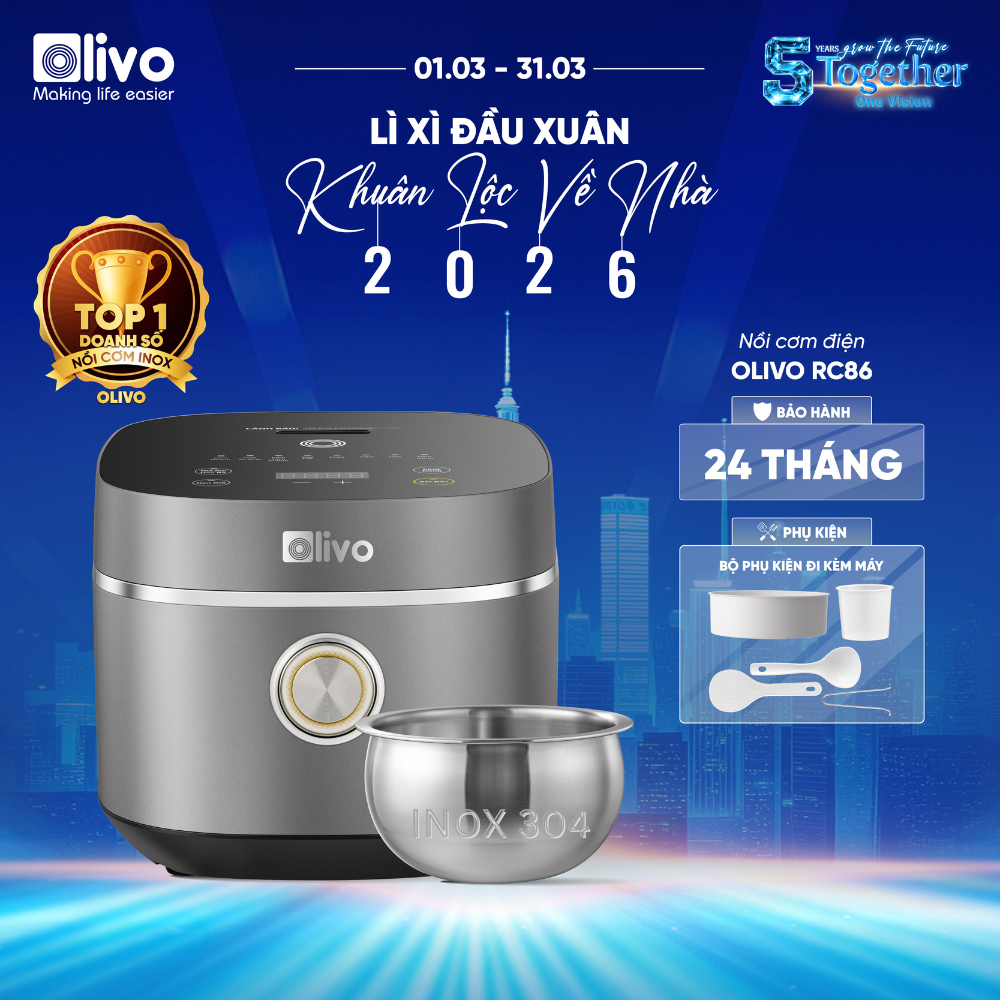 Nồi Cơm Điện OLIVO RC86 1.5L - Lòng INOX 304 Chống Dính Tự Nhiên, Nấu Cơm Ngon, Thiết Kế Sang Trọng