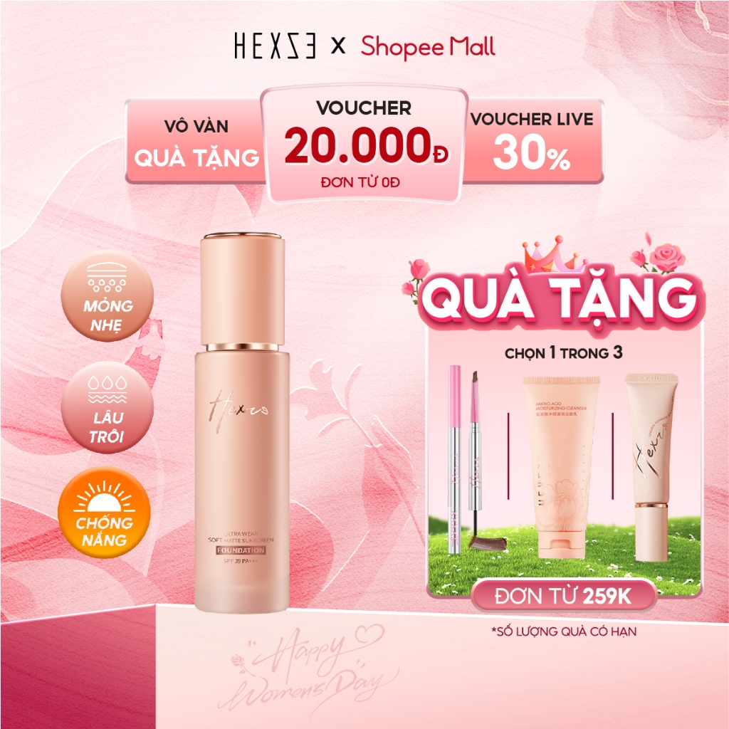 Kem nền lâu trôi HEXZE SPF39 PA+++ 30ml, kem nền mỏng nhẹ, che khuyết điểm giữ lớp trang điểm bền màu