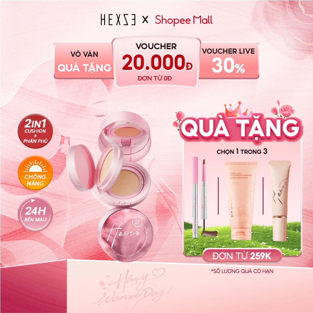 Cushion hỗ trợ chống nắng kèm phấn phủ 2 in1 HEXZE Spf25 PA+++, nâng tone tự nhiên cố định lớp makeup hoàn hảo
