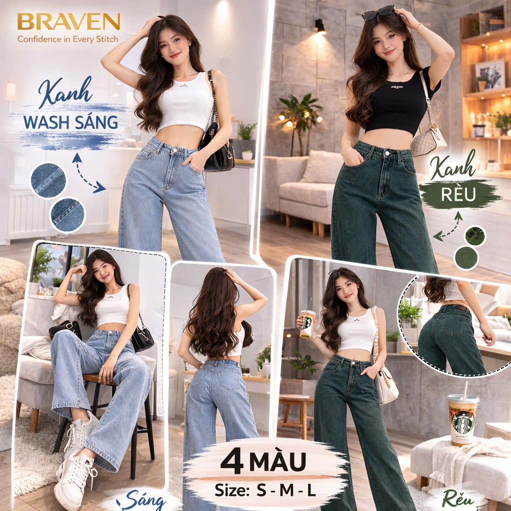 Quần Jean nữ Braven dáng suông, lưng cao form rộng tôn dáng thời trang, trẻ trung, Hot Trend 2026