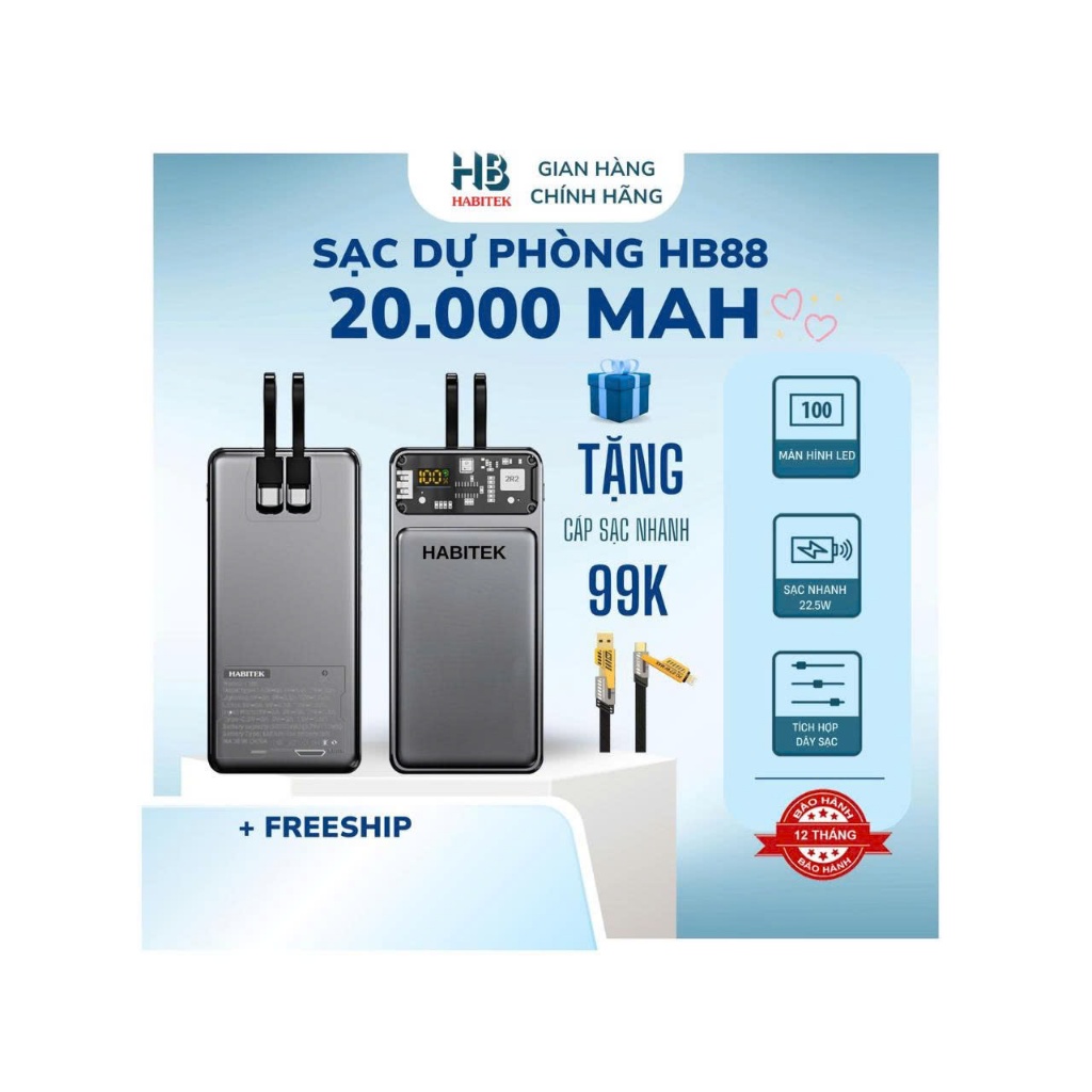 Pin Sạc Dự Phòng 20.000mah HB88 Habitek Sạc nhanh 100W, Có Dây Cap Sẵn, Sạc Cho Nhiều Dòng Điện Thoạ