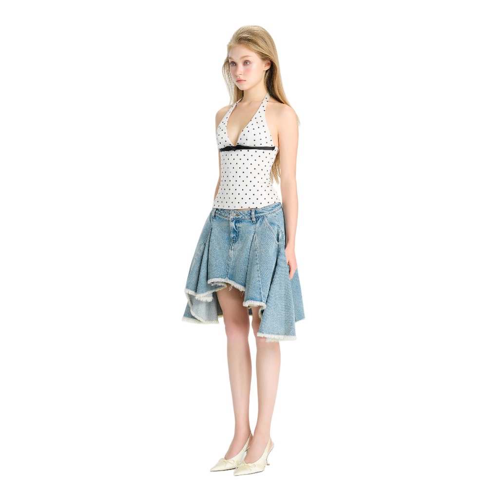LSOUL Áo Corset Cổ Yếm Chấm Bi Phối Nơ Lio Top + Chân Váy Jeans Xòe Perpi Skirt A26032895