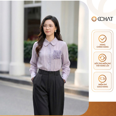 Áo Sơ Mi Nữ 𝐂𝐂𝐇𝐀𝐓 Dáng Suông Moca Túi Bèo Trang Trí Chất Liệu Cao Cấp 25FDT2030ST