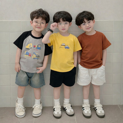 Áo cộc tay cổ tròn Beemo vải cotton cho bé trai mặc đi chơi, đi học từ 9-24kg