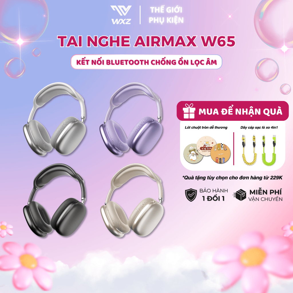 Tai Nghe Chụp Tai Không Dây W65 Airmax Kết Nối Bluetooth, Có Dây, Thẻ Nhớ, Pin Trâu, Đeo Thoáng Khí