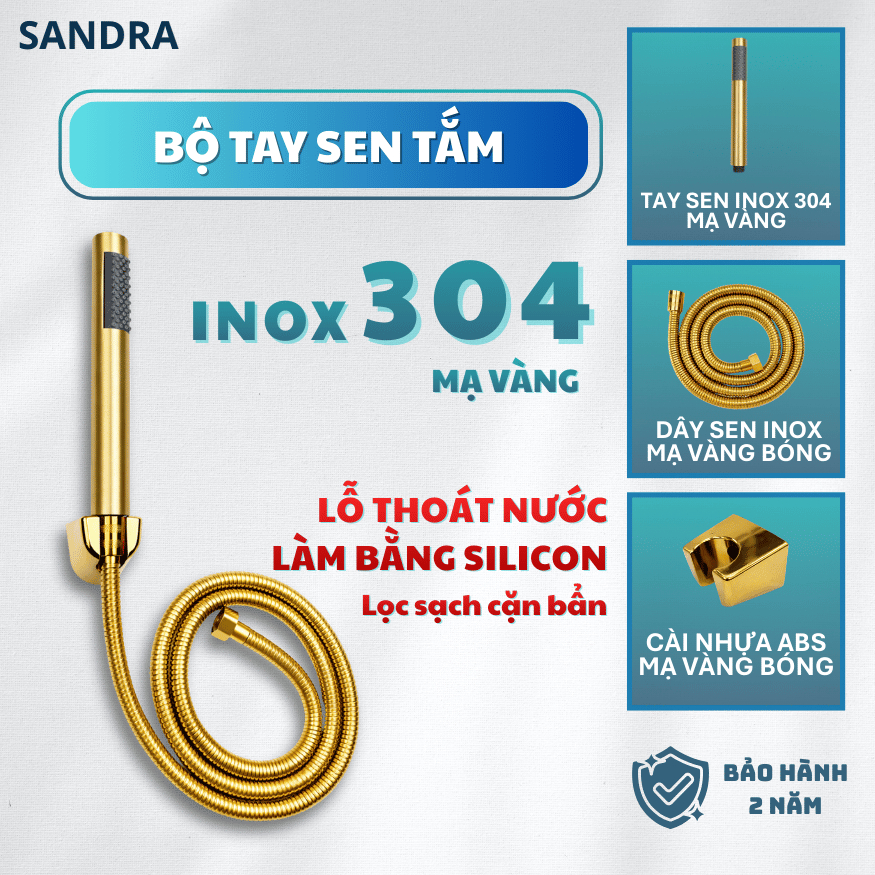 Bộ Tay Sen Inox 304 Mạ Vàng | TS-47V | Lỗ Thoát Nước Silicon Lọc Cặn, Phối Dây Sen & Cài Cao Cấp