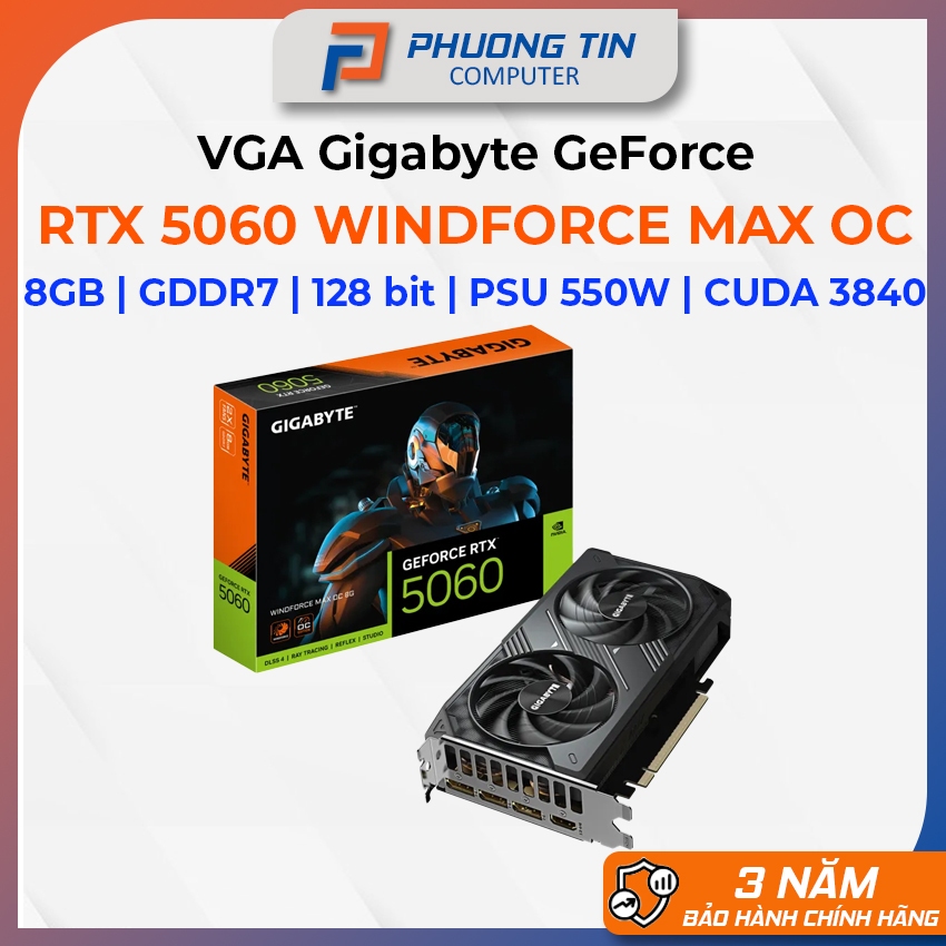 VGA Gigabyte NVIDIA GeForce RTX 5060 WINDFORCE MAX OC 8GB (N5060WF2MAX OC-8GD) Bảo hành 36 tháng chí