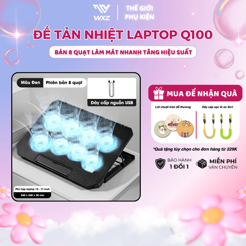 Quạt Tản Nhiệt Laptop Q100 8 Quạt Siêu Mát, Giá Đỡ Laptop 4 Mức Điều Chỉnh Độ Cao, Chống Ồn, Gọn Nhẹ