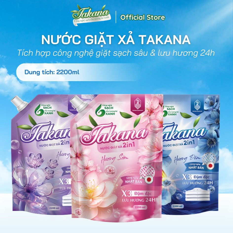 Nước Giặt Xả Takana 2in1 Túi 2.2L - Đậm Đặc X3, Giặt Sạch Sâu, Lưu Hương Lâu