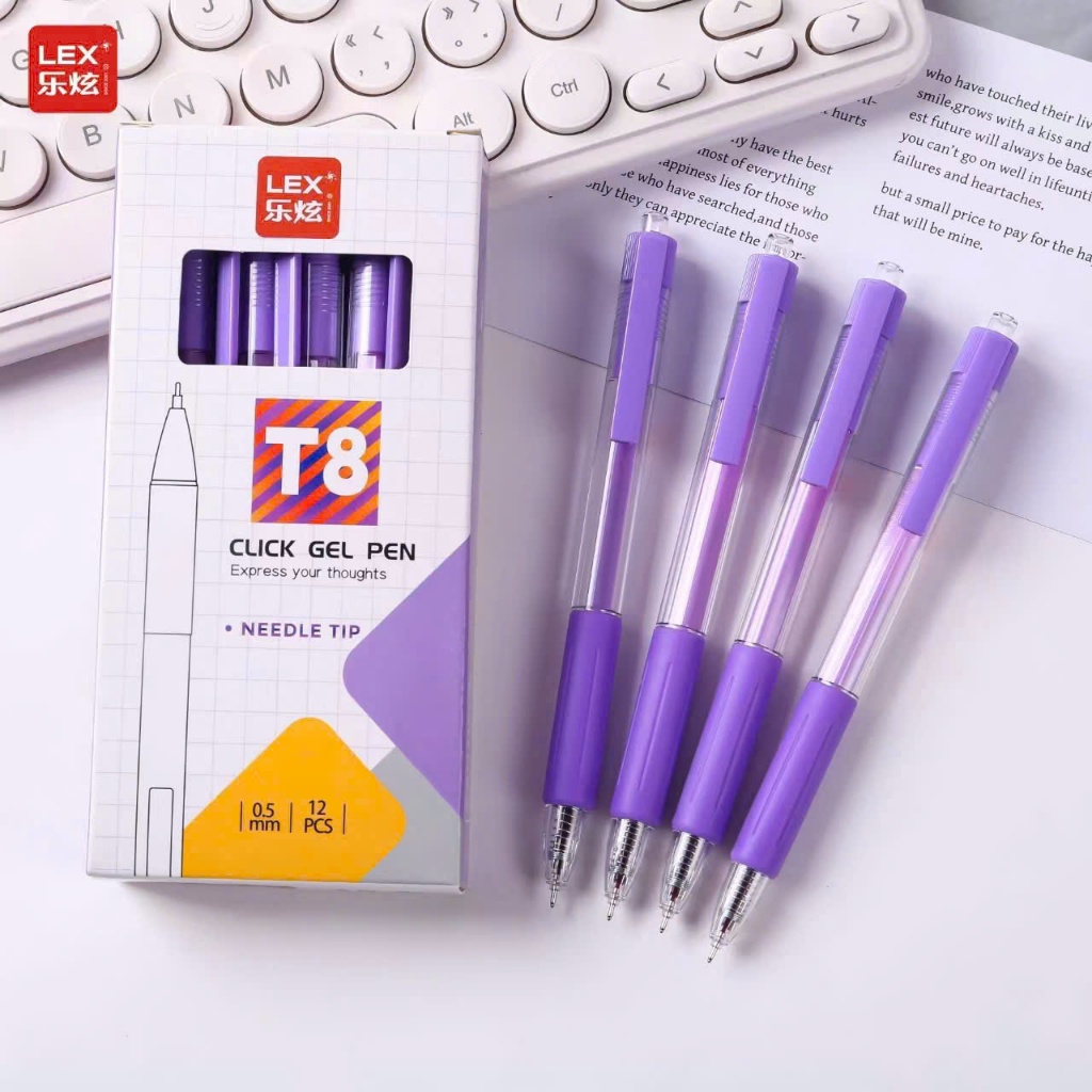 [T08] HỘP 12 Cây Bút Viết Gel Nước Bấm King/T08 Ngòi 0.5mm, Có Đệm Viết Êm Tay, Mực Tím