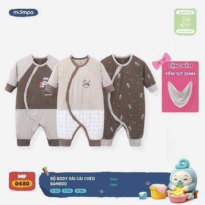 Bodysuit cho bé sơ sinh Mompa dài tay kèm yếm 0-9 tháng vải Sợi tre Bamboo mềm mại cúc chéo MP 0450