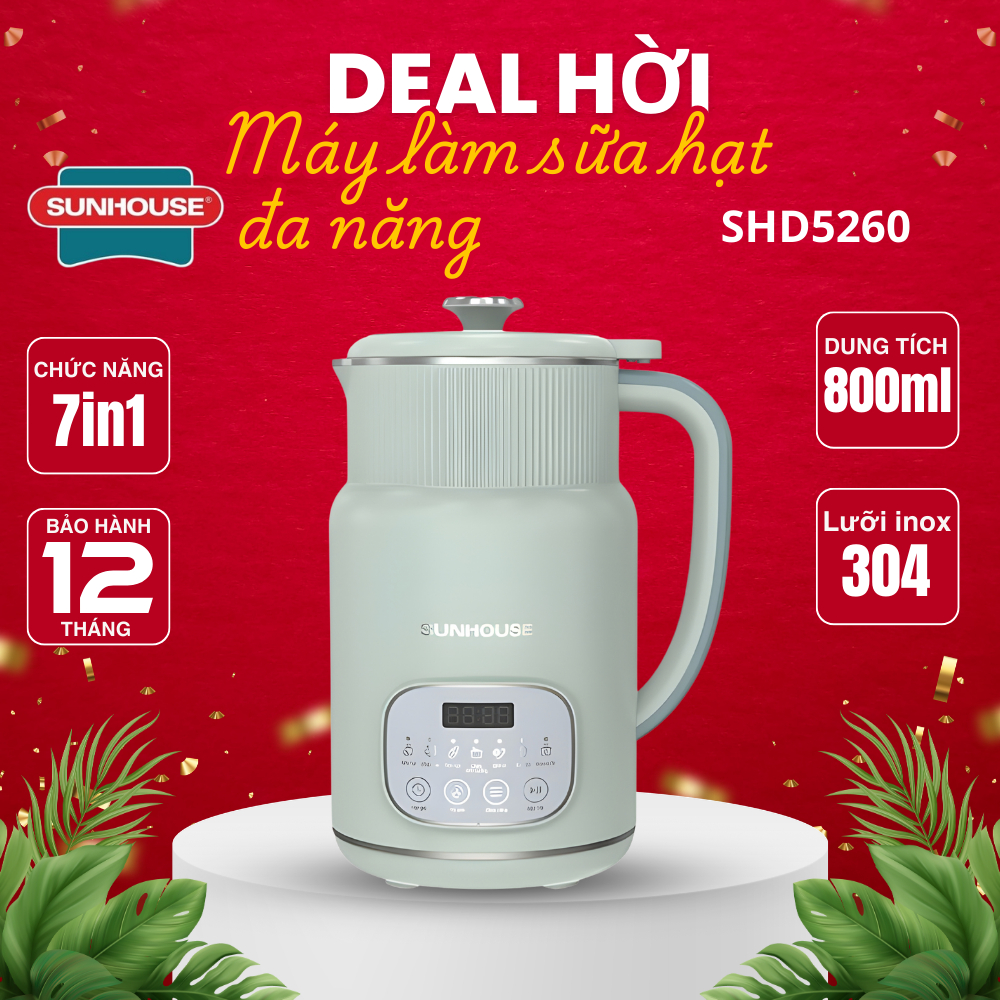 Máy Làm Sữa Hạt Xay Nấu 7in1 Sunhouse SHD5260, Xay Nấu Đa Năng, Công suất 600w, Dung tích 800ML