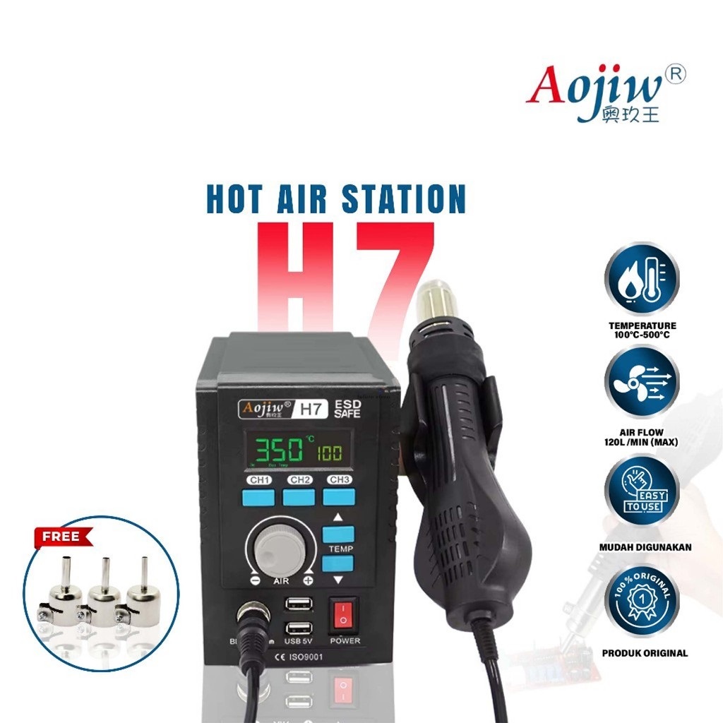 Máy Khò Aojiw H7 ( 3 kênh nhớ kèm 2 cổng USB Sạc Nhanh ) Công Suất 1000W / 100-500°C