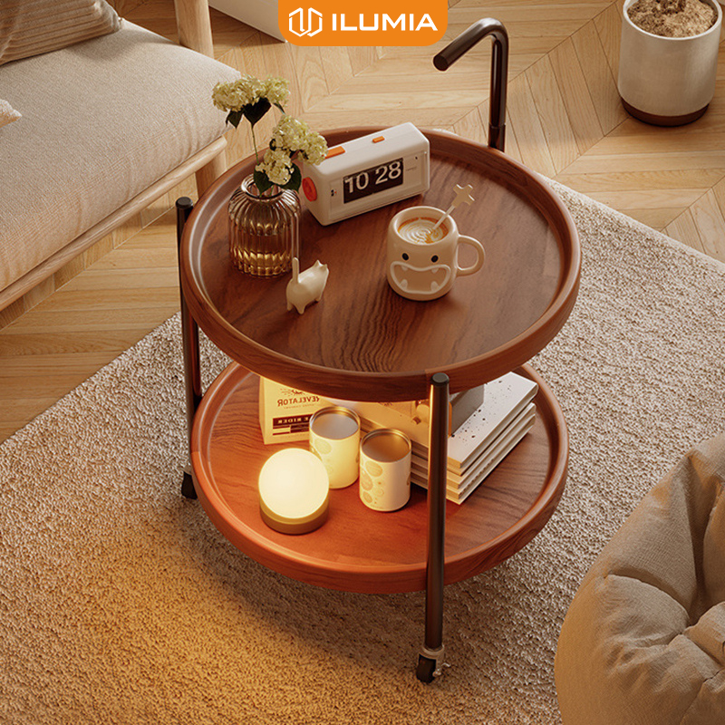 Bàn trà cafe 2 tầng màu óc chó kết hợp bánh xe di chuyển tiện lợi thương hiệu ILUMIA - GM188