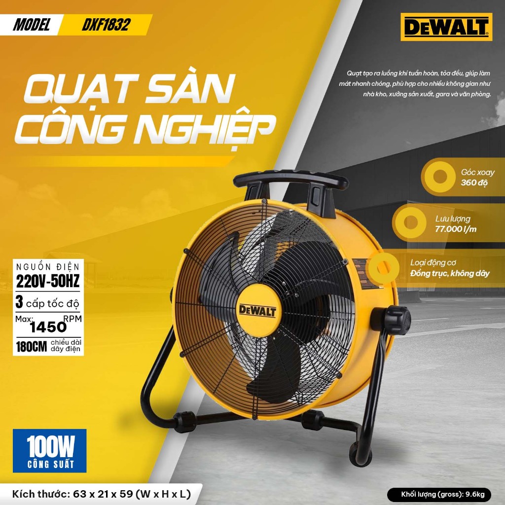 QUẠT SÀN CÔNG NGHIỆP DeWALT Motor không chổi than DXF1832 (18 inch) , DXF2035 (20 inch)