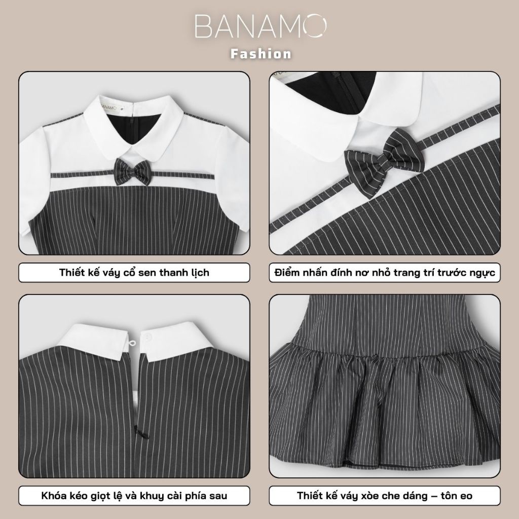 Đầm nữ BIGSIZE Banamo Fashion váy thiết kế cổ sen trắng đính nơ cộc tay phối kẻ sọc dọc dáng xoè tiểu thư 592 | BigBuy360 - bigbuy360.vn