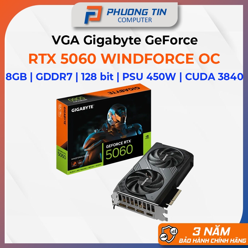 Vga Gigabyte GeForce RTX 5060 WINDFORCE OC 8GB GDDR7 (N5060WF2OC-8GD) Bảo hành 36 tháng chính hãng
