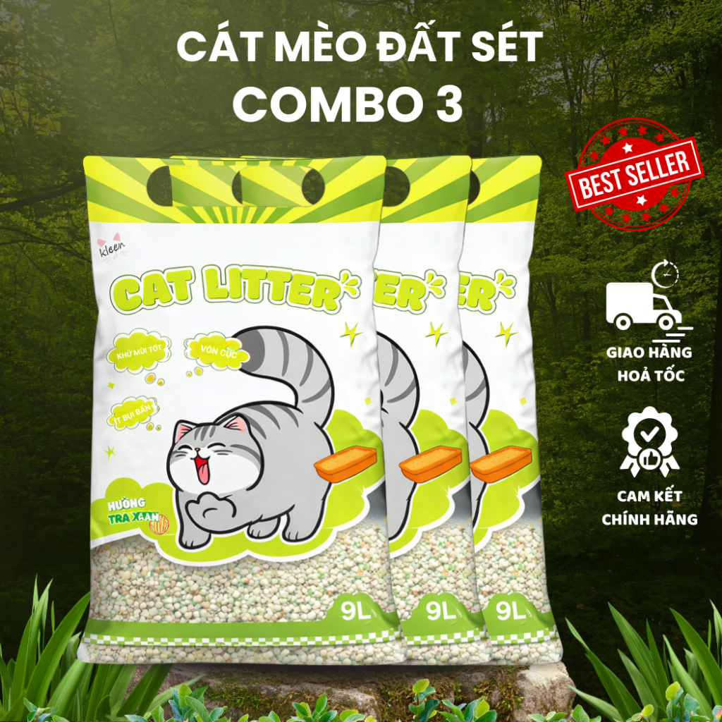 [TẶNG SÚP] Combo 3 túi Cát Mèo Kleen, Cát Vệ Sinh Mèo Kleen Siêu Vón Cục 9L