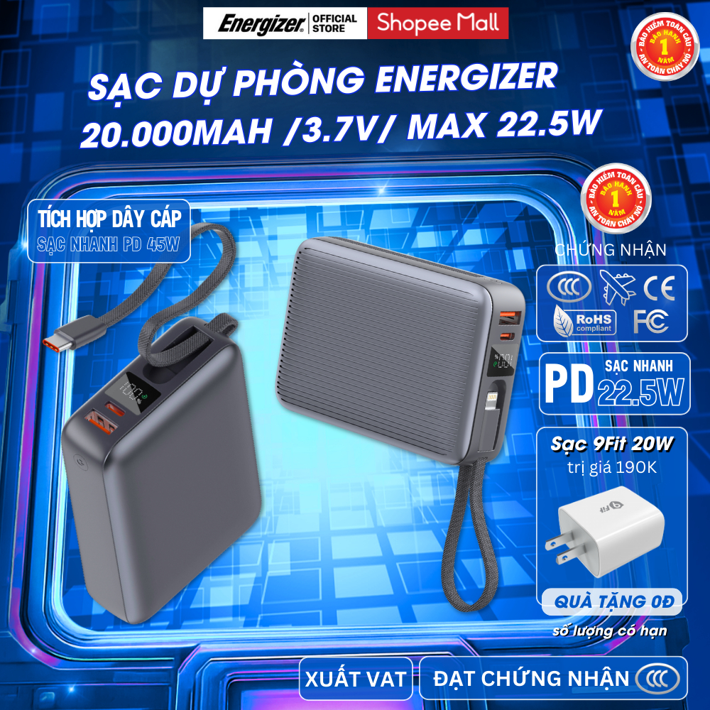 Sạc Dự Phòng Energizer 20000mAh/ Max 35W Sạc Nhanh PD, 3 Cổng Sạc ra, Chính Hãng, Bảo Hành 1 Năm