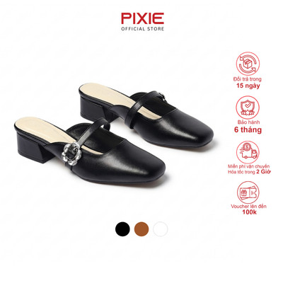 Dép Sục Nữ Cao Gót 3cm Mũi Vuông Quai Ngang Gắn Khóa Hoa Đá Thời Trang Pixie H440