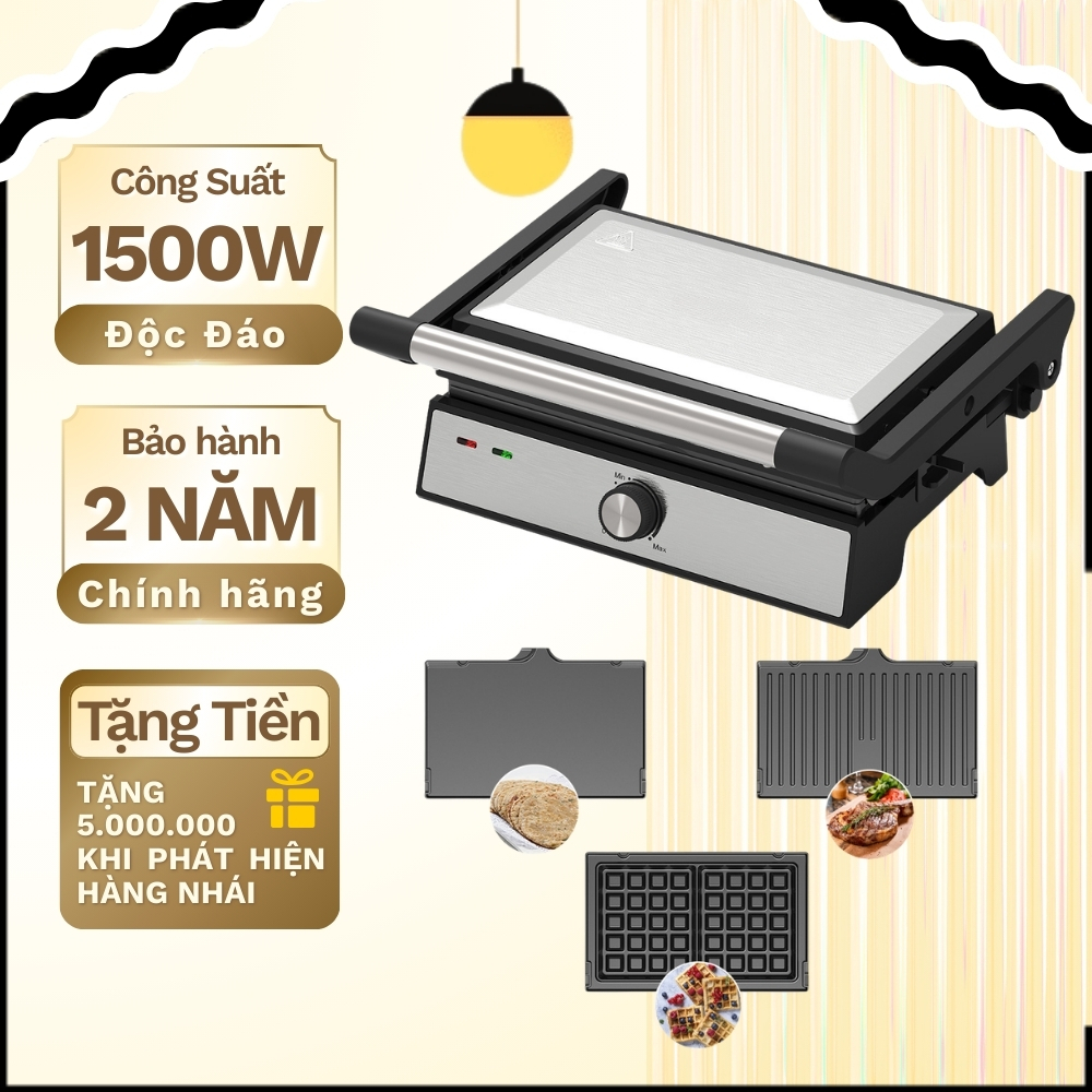 Máy kẹp nướng thịt đa năng SK-08092 công suất lớn 1500W, 3 khay nướng bánh mì, làm bánh quế nhanh chóng SK08092