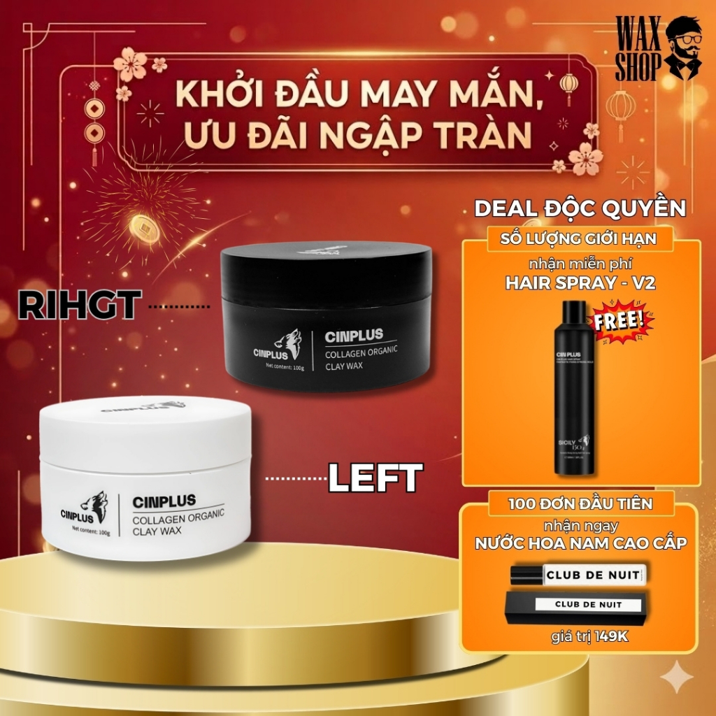 [DEAL ĐỘC QUYỀN] Sáp vuốt tóc nam CINPLUS Clay Wax 100gr Left Trắng , Right Đen giữ nếp tóc- Cinplus
