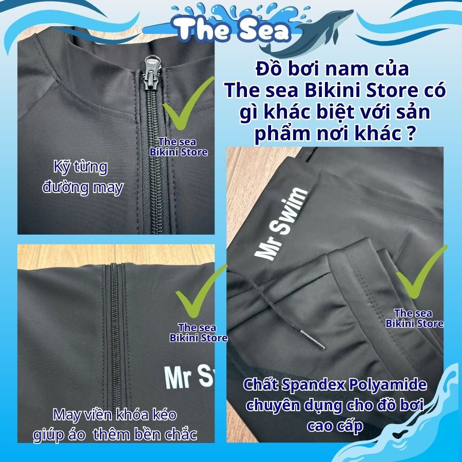 Đồ bơi nam size M - 3XL áo tay dài & tay ngắn có khóa zip kéo bộ đi biển quần đùi 2 lớp nguyên bộ màu đen The sea 044 | BigBuy360 - bigbuy360.vn
