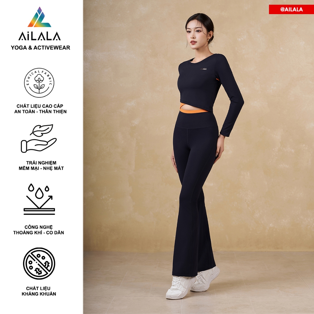 Bộ Đồ Tập Dài Tay Thể Thao Yoga Gym Nữ AiLALA, Mầu Đen, Thoáng Khí, Thấm Hút, Áo Kèm Đệm Phối Mầu